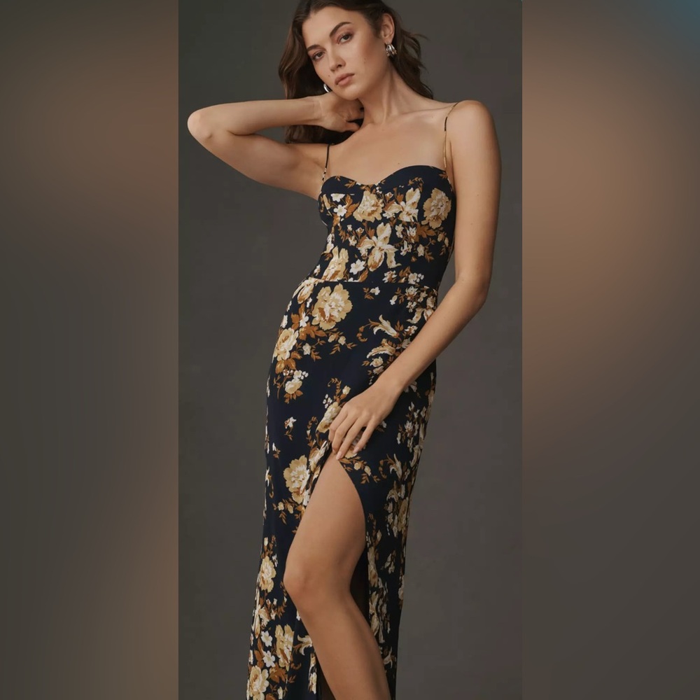 Reformation Floral Midi Dress - Navy and Gold